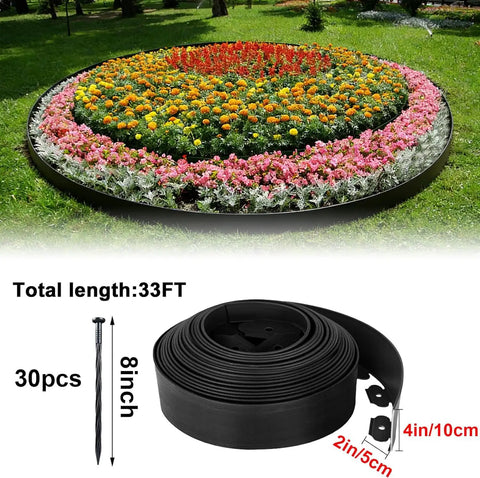 Pro Grade Landscape Edging Kit 33 Foot Long By 4 Inch High Flexible Plastic No Dig Border with 30 Spikes around flower bed