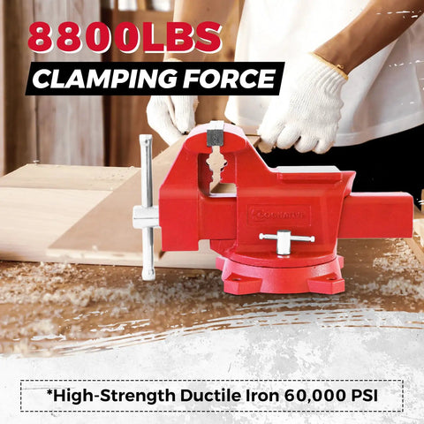 Beefy Heavy Duty 6.5 Inch Bench Vise With Anvil in use, clamping wood, red powder coat, ductile iron body, 8800 lbs clamping power.