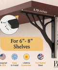 Solid As A Rock Rustic Tree Black Heavy Duty Shelf Brackets Six Inches Slick L Brackets For Floating Shelves Wall Mount Decorative Iron Bracket Set Of Four No Sweat Setup Hardware Included, showcasing 5.75 inch L bracket under a shelf.