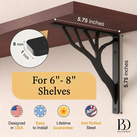 Solid As A Rock Rustic Tree Black Heavy Duty Shelf Brackets Six Inches Slick L Brackets For Floating Shelves Wall Mount Decorative Iron Bracket Set Of Four No Sweat Setup Hardware Included, showcasing 5.75 inch L bracket under a shelf.