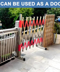 Tough Expandable Metal Barricade And Portable Folding Security Gate For Quick Road Closure Setup Plus Rock Solid Scissor Barrier crafted from fade proof stainless steel used as a door.
