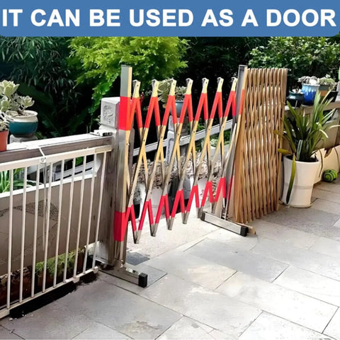 Tough Expandable Metal Barricade And Portable Folding Security Gate For Quick Road Closure Setup Plus Rock Solid Scissor Barrier crafted from fade proof stainless steel used as a door.