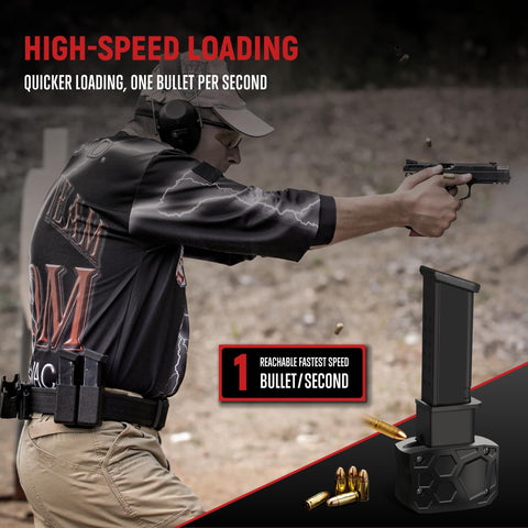 Shooter using 9mm Speed Loader For Quick Magazine Reloads Pain Free Handling Smooth Feeding No Jamming Compatible With 9mm And 40 S W Compact Design