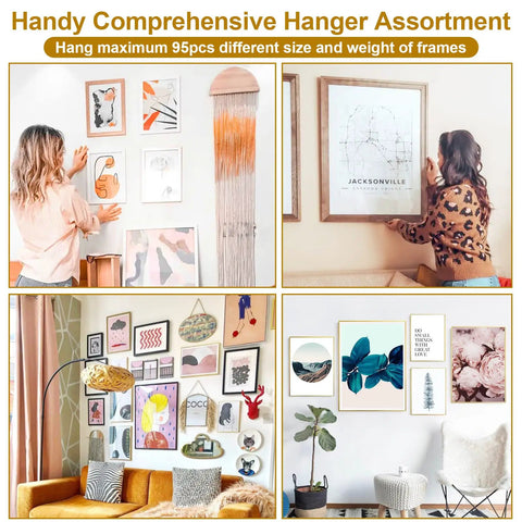 Women using Beefy 372 Piece Picture Hanging Kit With Nails Sawtooth Hangers Hooks Ring Holes And Wall Hardware for frames and decor.