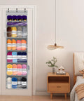Over the Door Shoe Rack Organizer 6 Tier 66 Lbs Capacity 600D Oxford Fabric Grey 2 Pack on door, storing yarn balls.