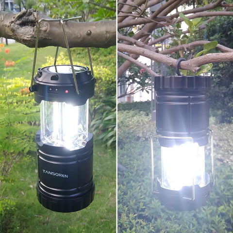 4 Pack Solar USB Rechargeable Camping Lanterns With 3 AA Battery Backup, Lit COB LED, Waterproof And Collapsible Emergency Light hanging outdoors