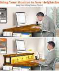Side view of 56.5 Inch Rustic Brown Office Desk With Drawers Printer Space And Filing Cabinet Shelves And Two Monitor Stand setup.