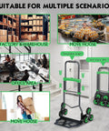 Built Tough Heavy Duty Hand Truck With Stair Climbing Wheels, shown in various use scenarios, including factory and office.