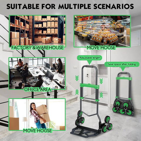 Built Tough Heavy Duty Hand Truck With Stair Climbing Wheels, shown in various use scenarios, including factory and office.