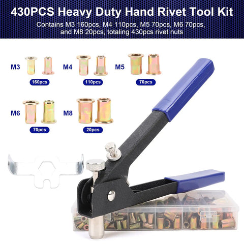 Ultimate 430 Piece Metric Rivet Nut Tool Kit With Manual Gun, M3 To M8 Assortment For Furniture Decor Auto Marine And Industrial Projects, Super Value Set hand rivet tool, carbon steel, with M3-M8 nuts and storage box