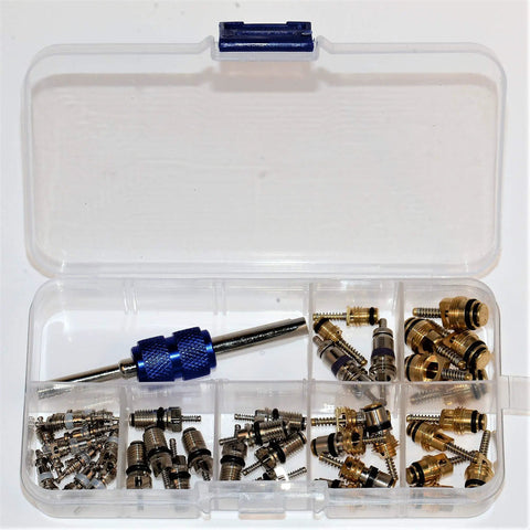 AC Repair Kit With O Ring Set And Valve Cores For Cars Removal Tool R12 And R134a Compatible Includes 270 Piece O Ring Assortment And 40 Piece Valve Core Kit, open case