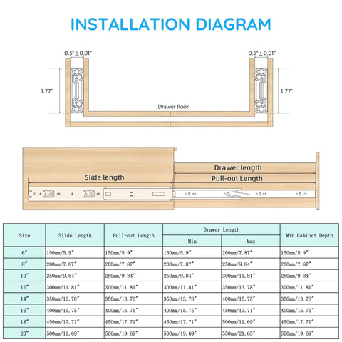 Installation diagram for Premium Eight Inch Drawer Slides Delivering Hella Smooth Glide with full extension specifications