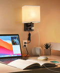 Dope Modern Plug In Wall Sconces Set Of 2 With USB Charging Ports And Built In AC Outlet Silver Finish With Linen Shade in use