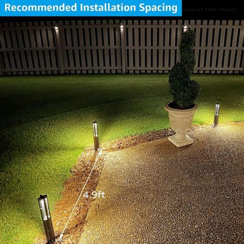 Low Voltage Path Lights 3W LED Landscape Lighting Kit for Driveway and Garden, night installation, warm glow on grass, 4.9ft spacing