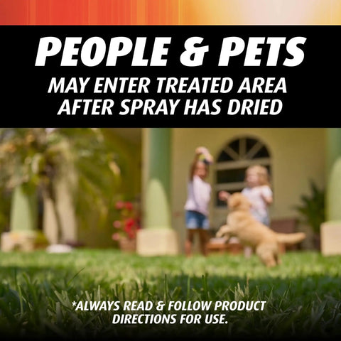 People playing with dog on lawn, text reads 'PEOPLE & PETS MAY ENTER TREATED AREA AFTER SPRAY HAS DRIED'. Use Ready To Spray Hose End Lawn And Landscape Fire Ant Killer Kills Fire Ants Fleas And American Dog Ticks And Prevents New Mounds For Up To 3 Months Also Controls Aphids Armyworms And Other Listed Pests 32 Oz safely.