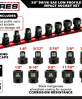 Ares 3/8" Drive Low Profile Nano Impact Socket Set with aluminum rail and Cr-Moly Steel sockets, corrosion-resistant coating.