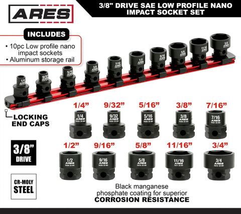 Ares 3/8" Drive Low Profile Nano Impact Socket Set with aluminum rail and Cr-Moly Steel sockets, corrosion-resistant coating.