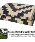 Folded Waterproof Outdoor Rug 5x8 Ft Reversible Plastic Area Rug For Patio Deck Backyard RV Beach Camping Black And Beige Large Modern Floor Mat