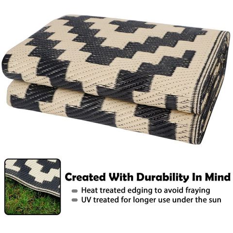 Folded Waterproof Outdoor Rug 5x8 Ft Reversible Plastic Area Rug For Patio Deck Backyard RV Beach Camping Black And Beige Large Modern Floor Mat