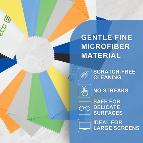 Eco-Fused microfiber cleaning cloths, pack of 18, multicolor swatches with white center for lens and screen cleaning