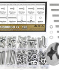 Stainless Steel M6 Pan Head Machine Screw Kit with Nuts and Washers, 102-Piece Assortment in various sizes and washers visible.