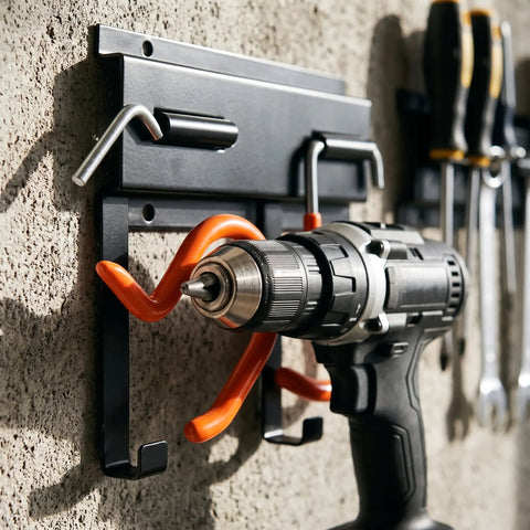 Heavy Duty Metal Wall Mount Tool Organizer With 50 Kg Hooks holding a drill, carbon steel garage storage rack on wall