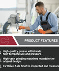 Technician inspecting heavy-duty CV drive axle and drive shaft replacement for SUVs and trucks at a machining station.
