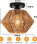 Boho Rattan Ceiling Light Fixture With Handwoven Cage Shade Coastal Semi Flush Mount in natural rattan, UL listed, E26 base.