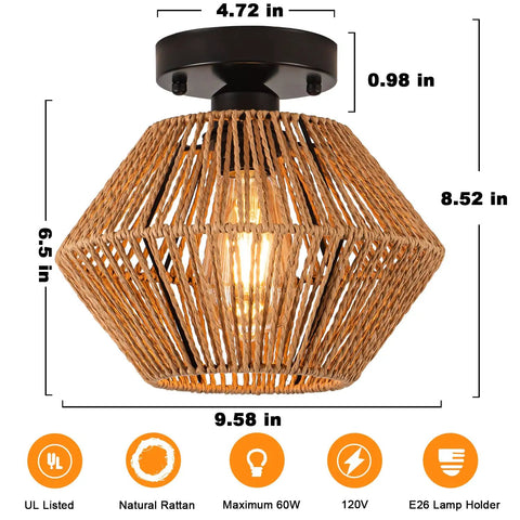 Boho Rattan Ceiling Light Fixture With Handwoven Cage Shade Coastal Semi Flush Mount in natural rattan, UL listed, E26 base.