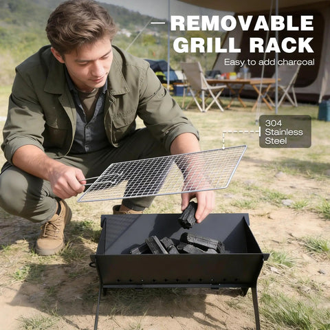 Portable Campfire Grill For Outdoors Large Folding Stainless Steel Fire Pit With Grill And Carry Bag Heavy Duty Charcoal BBQ