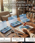 Blue 4 Pack Plastic Organizer Boxes With 40 Grids on a table with craft supplies, showcasing stackable design and storage cases.