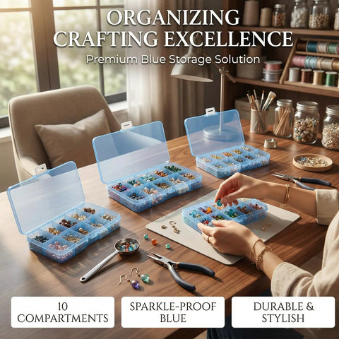Blue 4 Pack Plastic Organizer Boxes With 40 Grids on a table with craft supplies, showcasing stackable design and storage cases.