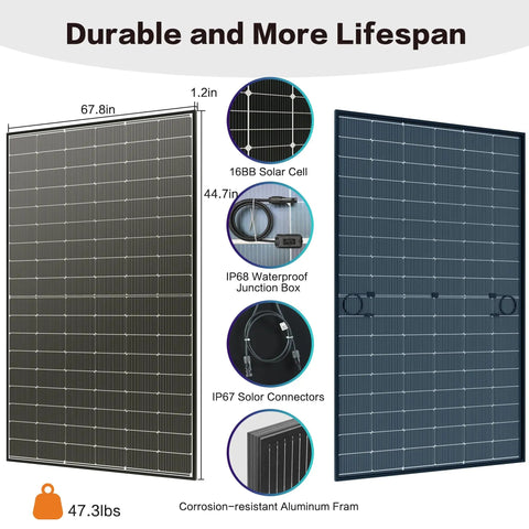 Two Pack 400W Bifacial Solar Panels N Type 16BB Monocrystalline PV Modules details and dimensions; 67.8in x 44.7in.