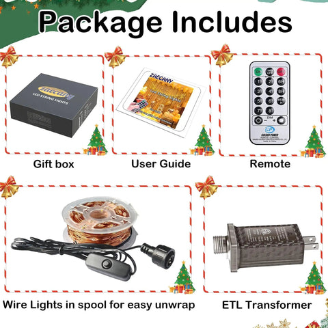 Lit 165Ft Ultra Long Copper Wire String Lights With 500 LEDs package contents: gift box, user guide, remote, spool, transformer