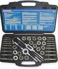 41 Piece Tap And Die Set For Metalworking, Built Tough Pro Grade Carbon Steel Kit with tools displayed in an open black case