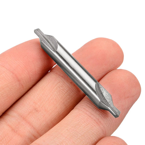 Close-up of a single piece from the 7 Piece Center Drill Bit Set M2 HSS 60 Degree Countersink Tools, shown on a hand.