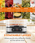 Heavy Duty 5 Tier Food Dehydrator Machine With 48 Hour Delay Timer And Easy Spin Dials showing dried fruits and jerky on top. 