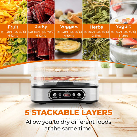 Heavy Duty 5 Tier Food Dehydrator Machine With 48 Hour Delay Timer And Easy Spin Dials showing dried fruits and jerky on top. 