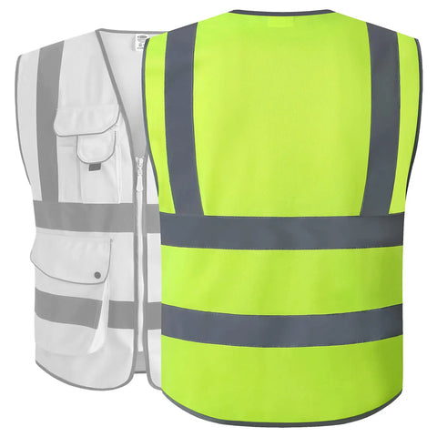 Nine Pocket Hi Vis Class 2 Safety Vest With Zipper Front Pack Of Six Vests Reflective Strips Meets ANSI ISEA Standards Breathable 120gsm Polyester Tricot Lightweight Durable And Washable For Everyday Work