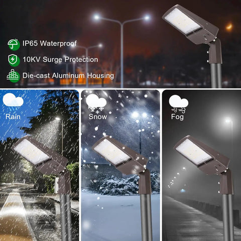 150W LED Parking Lot Light That Delivers Monster Bright, 21000 Lumens, IP65 Weatherproof Shoebox Fixture With Slip Fitter Mount with images of usage in rain, snow, fog conditions.