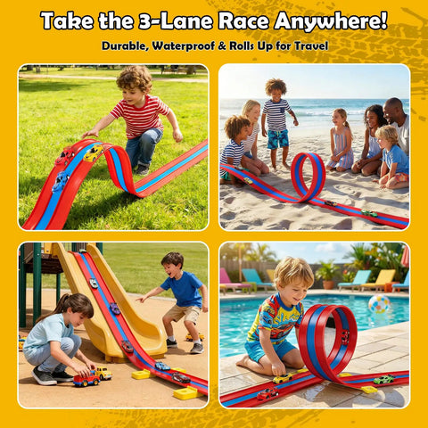 Children playing with Hot Wheels Compatible 16 Ft Flex Track Roll Up Stunt Track With Suction Cups And Ramps, three lanes in use.