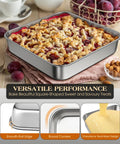 8x8 Inch 304 Stainless Steel Baking Pan With Lid filled with baked dessert, showing seamless design and smooth roll edge, ideal for cakes.
