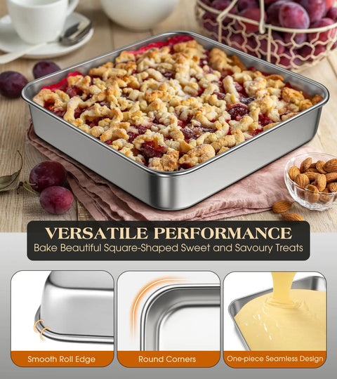 8x8 Inch 304 Stainless Steel Baking Pan With Lid filled with baked dessert, showing seamless design and smooth roll edge, ideal for cakes.