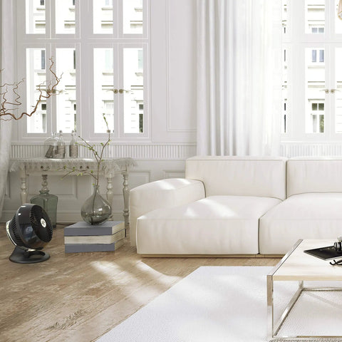 Large Air Circulator Fan With Four Speeds For Whole Room Cooling, 90 Degree Tilt, on floor near white sofa in bright living room