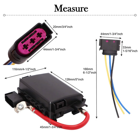 Slick Battery Fuse Box Terminal With Three Pin Wiring Harness Pigtail Connector dimensions and design details for VW Beetle Jetta Golf MK4 Bora