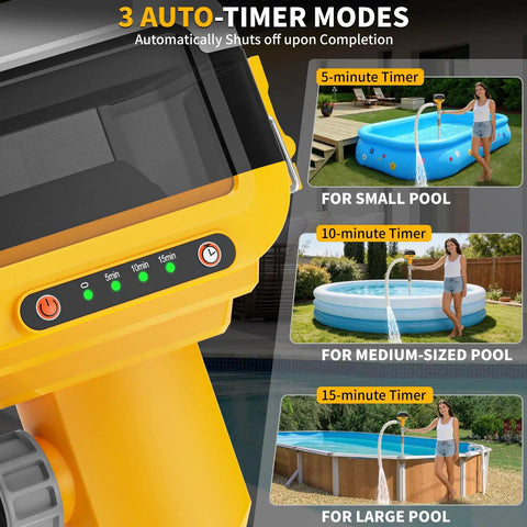 20V Battery Powered Water Transfer Pump Cordless Go Anywhere Stick Pump With 37 Inch Hose And Detachable Rod 800 GPH Portable Water Pump with auto-timer modes for different pool sizes shown in use