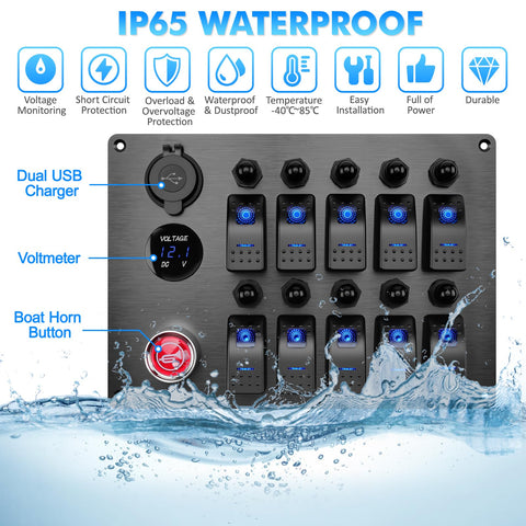 All In One Marine Rocker Switch Panel With LED Circuit Breaker 10 Circuits 12V 24V DC Socket Horn Button Dual USB Charger And Voltmeter IP65 Waterproof
