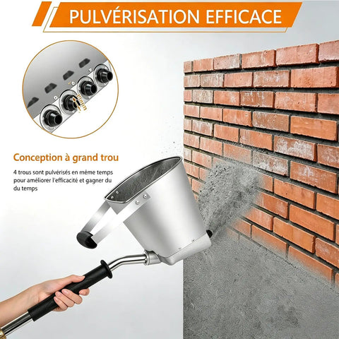 Badass Pneumatic Mortar Sprayer With Four Jet Nozzles spraying cement plaster on a brick wall for efficient wall texturing.