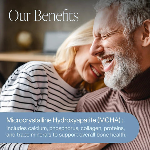 Couple smiling, promoting microcrystalline hydroxyapatite supplement for bone health benefits.