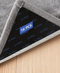 16Pcs Rug Gripper Tape Set under grey rug corner on hardwood floor, showing non slip carpet tape for hardwood floors and tiles, reusable adhesive